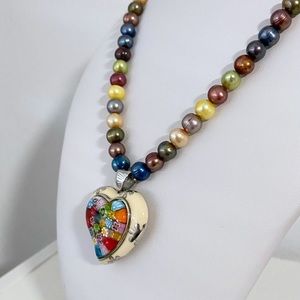 Murano Millefiori large heart pendant in multi-color pearl like beads.